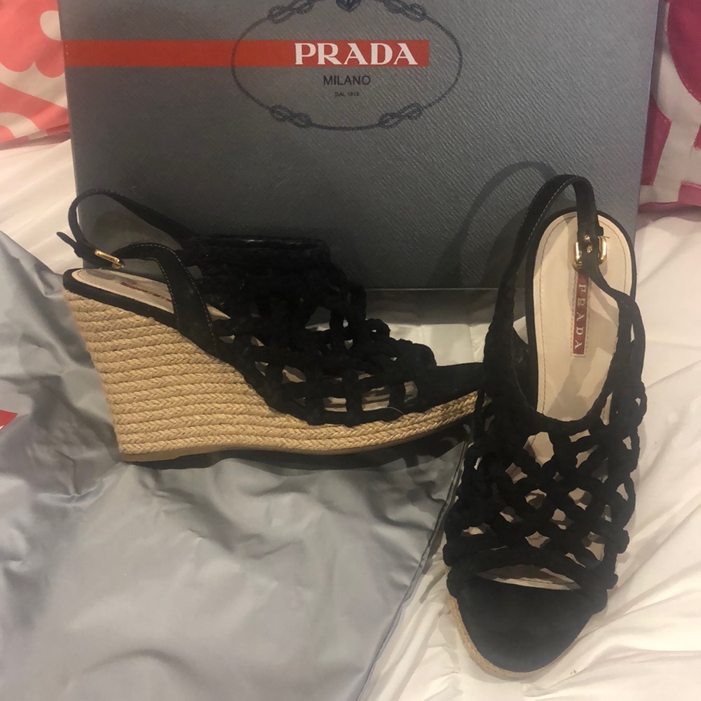 Prada Black Woven Wedge Sandals, 7.5